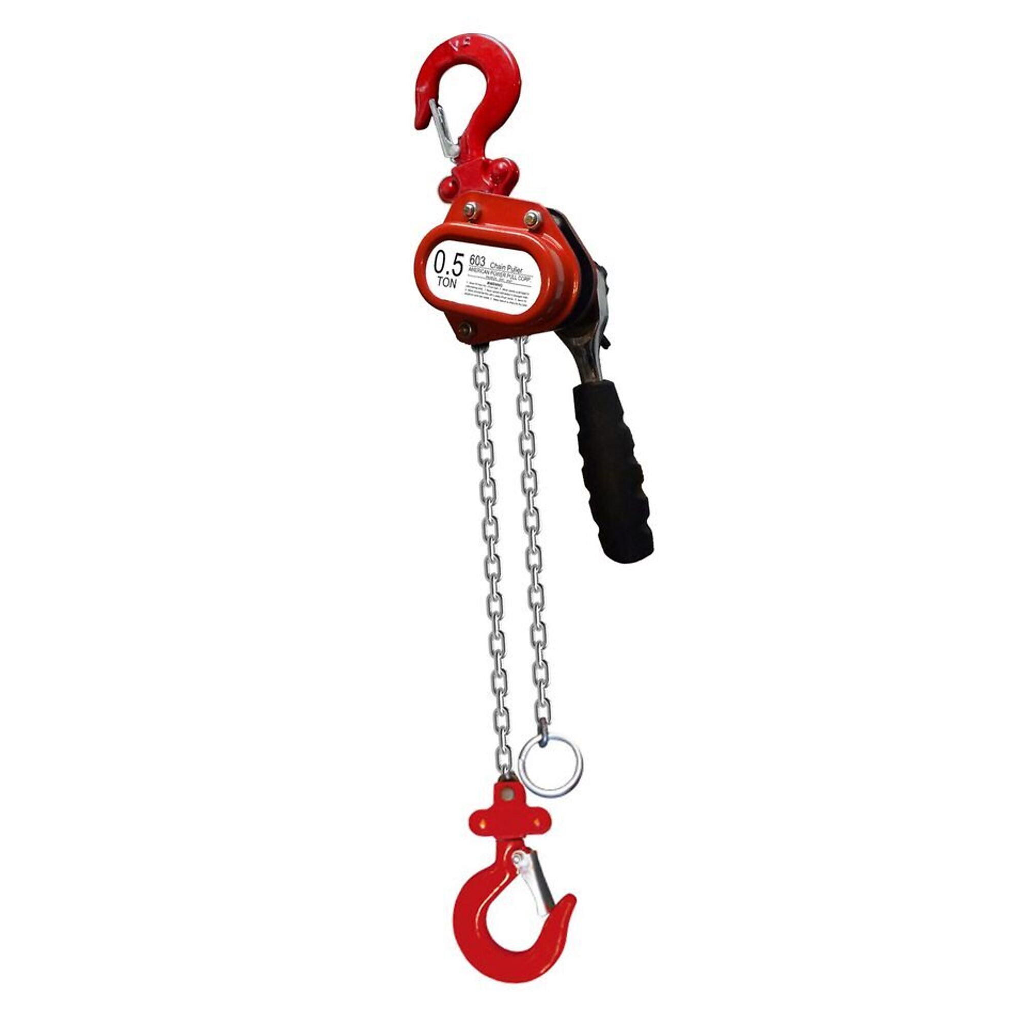 American Power Pull, 1/2 ton chain puller with 5ft chain, Power Source Manual Lever, Capacity 1000 lb, Lift Height 5 ft, Model# 603